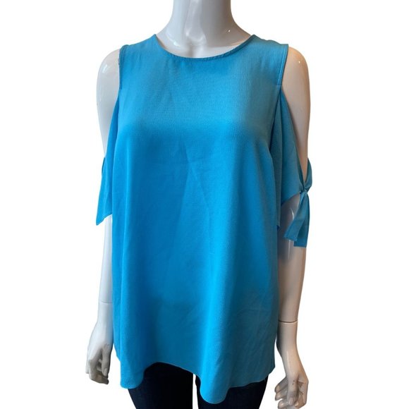 CeCe Womens Cold Shoulder Blouse Top Round Neck Keyhole Back Aqua Blue Size M - Picture 1 of 7
